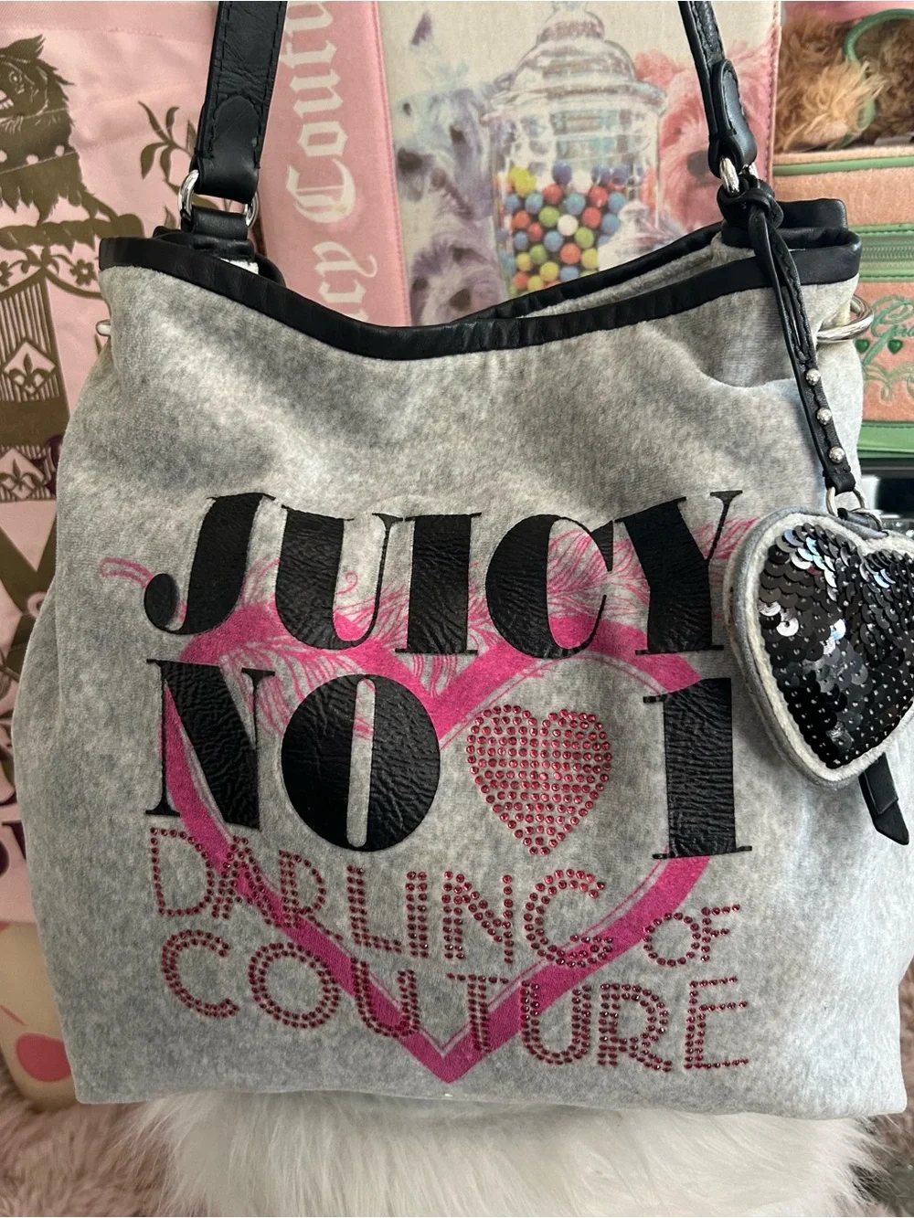 Y2K Vintage 2010 Juicy Couture Gray Velour Large Hobo Bag Darling Of Couture
